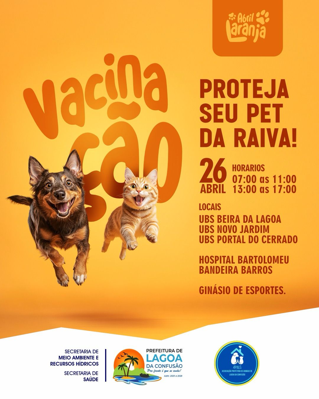Abril Laranja: Dia D da Vacinação Antirrábica mobiliza Lagoa da Confusão neste sábado